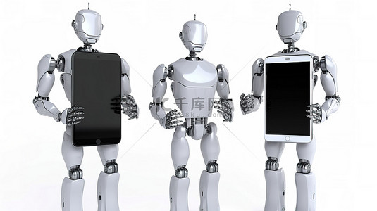 机器人与手机背景图片_人工智能机器人或机器人与空白屏幕手机 3D 渲染在白色背景