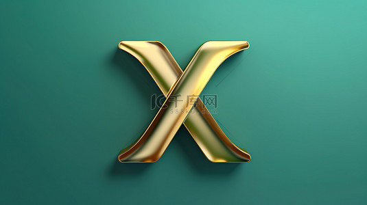 潮水绿色背景上小写的福尔图纳金色字母 x，具有时尚的字体样式和符号 3D 渲染