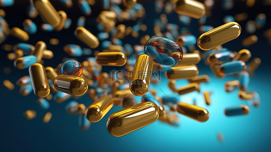 医生电脑背景图片_医疗保健和医疗 3D 渲染背景中的一系列抗生素胶囊
