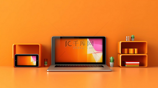 亮橙色架子上的数字设备阵列 3D 渲染