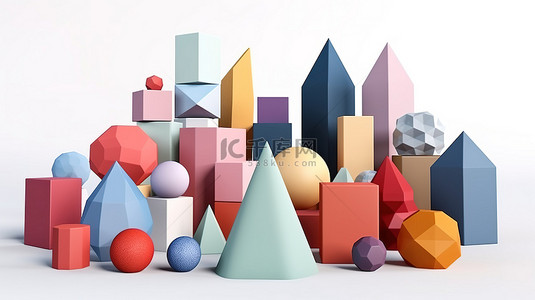 抽象几何色块背景图片_用于教育的基本几何图形 3D 渲染和插图集，具有白色背景上的球体锥体和立方体几何形状