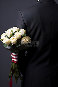 穿着西装打领带的男人拿着一束鲜花