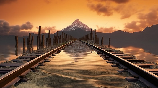 具有山脊轮廓和洪水的铁路的晚间 3D 渲染