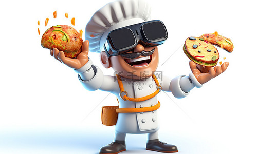 戴着虚拟现实耳机的厨师的搞笑 3D 描绘