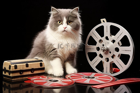 独具一格背景图片_一只猫在一组胶片卷轴和电影拍板旁边
