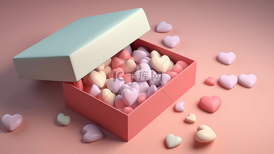 情人节快乐的文字背景图片_2 月 14 日情人节设计的逼真 3D 粉彩礼盒，里面装满了心形惊喜