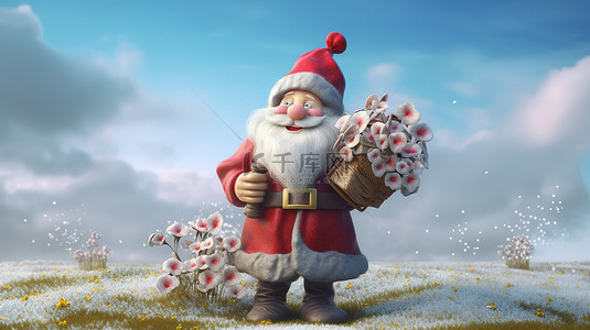 圣诞帽服装背景图片_3D 插图圣诞老人穿着节日服装拿着一个带有春天的礼盒