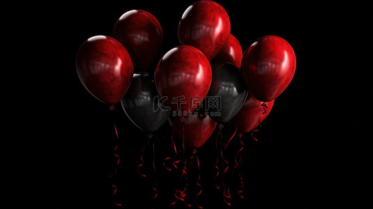 恐怖万圣节概念大红色气球漂浮在黑色背景上的 3d 中