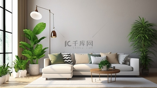 墙壁沙发背景图片_现代生活空间配有沙发绿化灯和桌子 3D 渲染