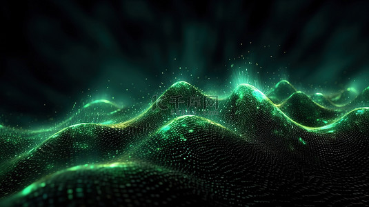 抽象绿色未来背景中的粒子数字波通过动态 3D 渲染可视化大数据