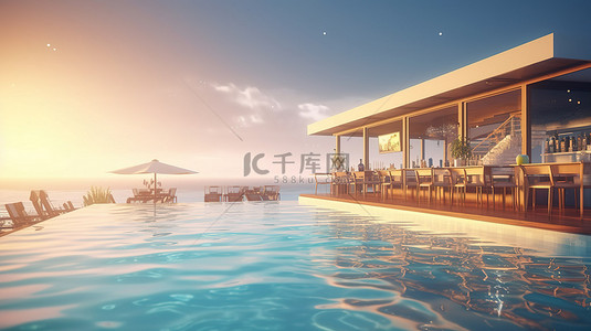 夏季热带旅游背景图片_豪华海滨度假村的 3D 渲染，配有泳池酒吧和令人惊叹的海景