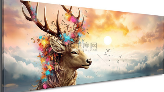 水彩鹿背景图片_金鹿太阳和五彩羽毛帆布墙艺术