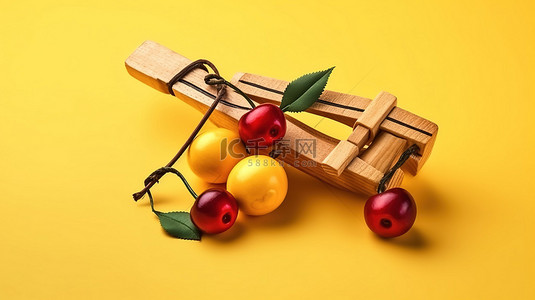 危险的木制弹射玩具武器和多汁的樱桃，叶子在充满活力的黄色背景 3D 插图上