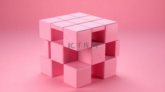 粉红色背景下 3D 拼图立方体的宏观照片