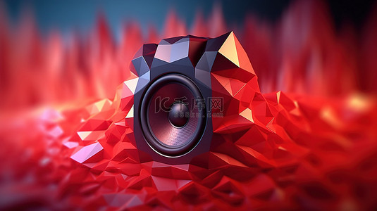 具有低聚设计和声波的 3D 插图红色扬声器