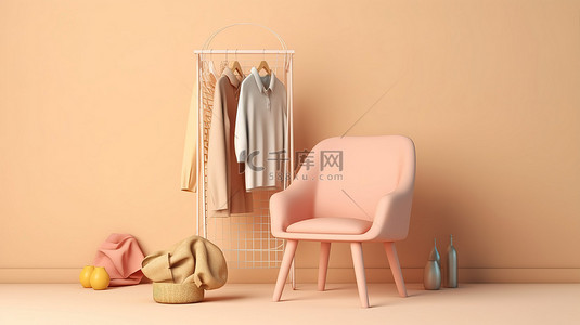别致的服装装饰在扶手椅旁边的架子上，在柔和的米色氛围中采用创新的 3D 渲染