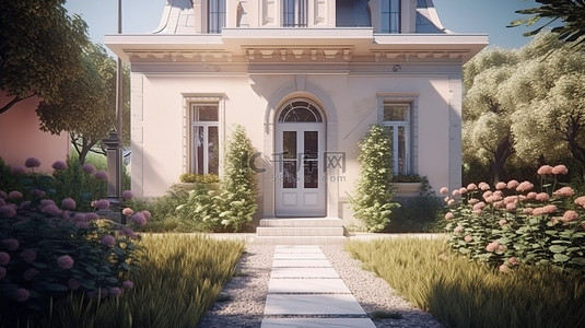 草坪住宅背景图片_华丽的家，有白色的入口草坪和可爱的花园，位于迷人的社区 3D 插图中
