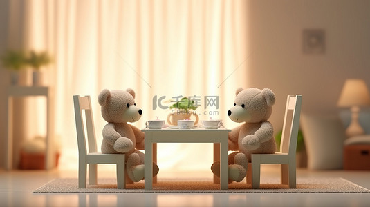 晚房间背景图片_餐厅或儿童卧室中熊娃娃的 3D 渲染
