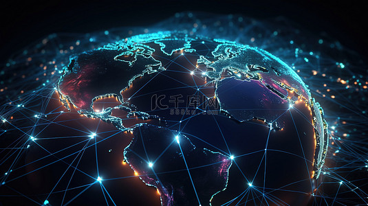 信息交换背景图片_展示全球业务连接和信息交换概念的 3D 插图