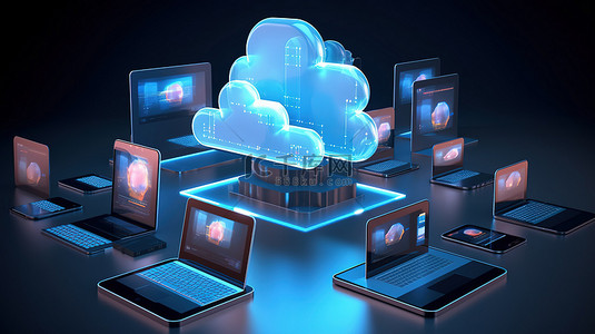智能云科技背景图片_具有设备连接性的基于云的多媒体网络的 3D 渲染插图