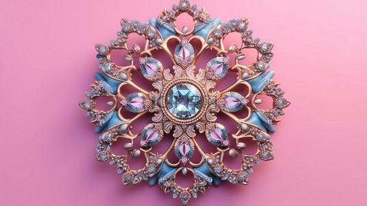 双色调风格复古巴洛克胸针，粉红色背景上镶有蓝色钻石宝石 3D 渲染珠宝