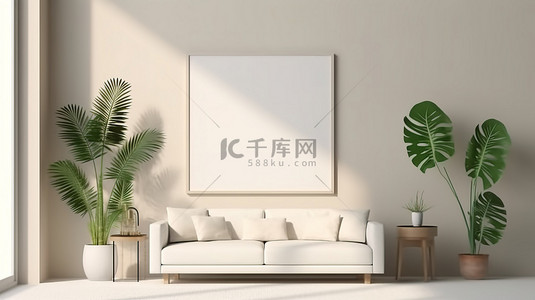 安装在灰泥墙上的空白白色海报框架模型的 3D 插图，带有棕榈叶阴影和沙发