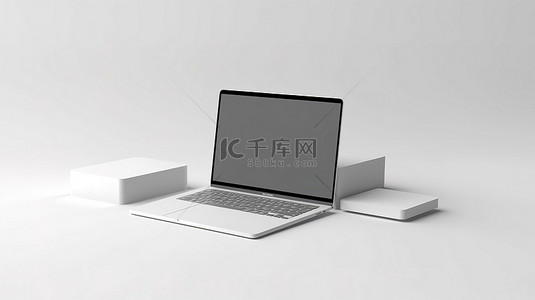 空白白屏笔记本电脑模型已准备好在 3D 渲染中的白色背景上进行设计