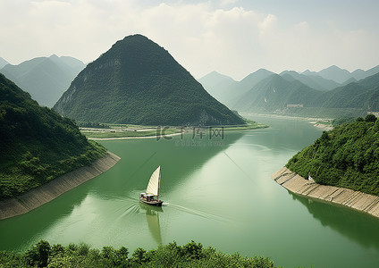 长江中国一侧的山坡上，美丽的水与赛船