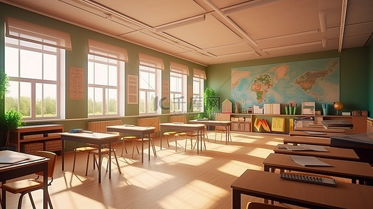 旧学校风格的室内教室的 3D 渲染