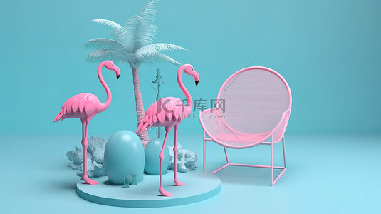 产品展示概念夏季主题讲台与沙滩椅伞充气蓝色火烈鸟和游泳池 3d 渲染