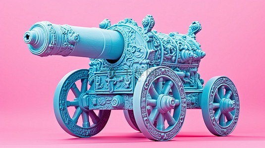 粉红色城堡背景图片_复古海盗大炮和炮弹在柔和的粉红色背景下呈现蓝色色调 3d 渲染