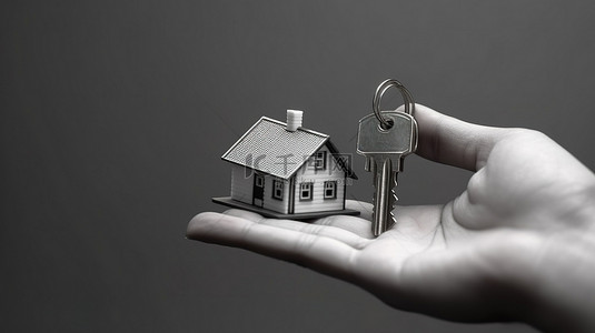 房屋安全背景图片_手握房屋钥匙链的 3D 渲染插图