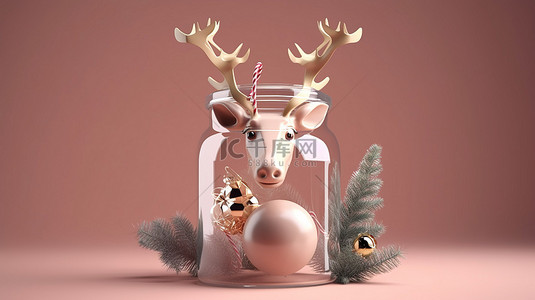 可爱的驯鹿背景图片_节日驯鹿设计 3D 插图展示圣诞树雪橇礼品盒和玻璃罐内的复制空间