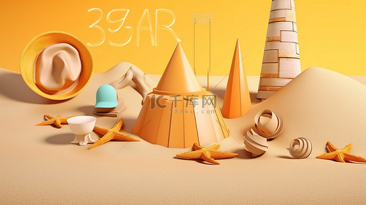 海滩主题夏季销售横幅，带有 3D 渲染元素和沙地