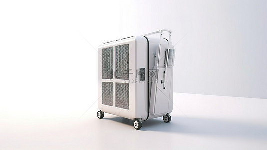 白色背景下带有便携式移动房间空调作为气候控制系统的家用飞机的 3D 渲染