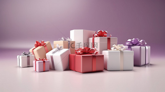 带有丝带蝴蝶结的白色红色和紫色礼品盒的逼真 3D 渲染，非常适合社交媒体横幅海报和柔和柔和色彩的礼物盒
