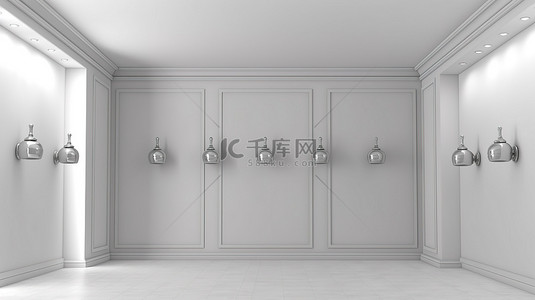 装饰白色舞台房间墙壁的多个时尚灯具非常适合复制空间 3D 渲染