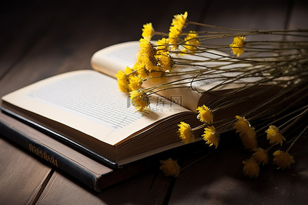 一本顶部有黄色花朵中间有一张纸条的书