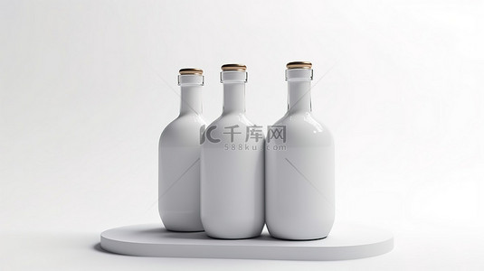 白色啤酒泡沫背景图片_孤立的聚苯乙烯泡沫塑料瓶放置在讲台上，在白色背景 3D 渲染下