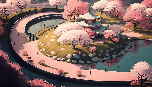 湖边插画背景图片_公园粉色樱花插画背景