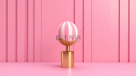 美食海报粉背景图片_豪华背景 3D 渲染图像上的美食夏日喜悦金色条纹粉色冰淇淋球