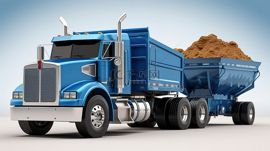 拖着自卸卡车拖车的宽敞蓝色美国卡车的 3D 插图