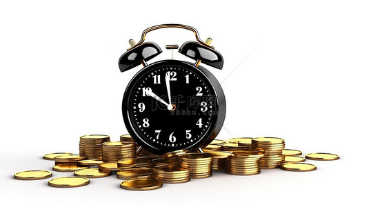 老式黑色闹钟和白色背景上的一堆英镑硬币象征着时间作为 3D 渲染中的宝贵资产