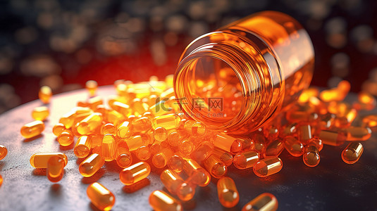 医学概念 3D 渲染抗生素胶囊从药瓶中溢出