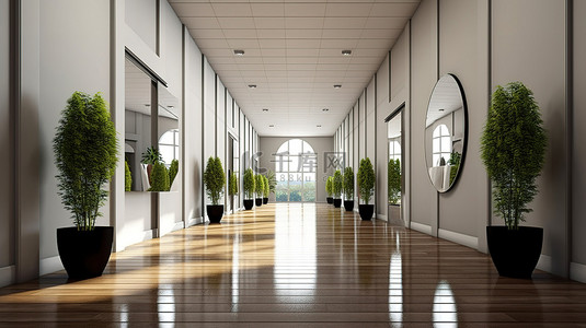 功能大厅背景图片_时尚的现代走廊，配有管家和镜面功能 3D 渲染
