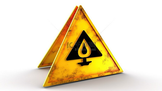 黄色三角形火灾警告标志，白色背景上带有易燃和易燃物质的 3D 插图