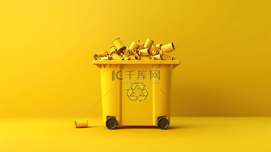 抽象背景下黄色回收箱的简约 3D 渲染
