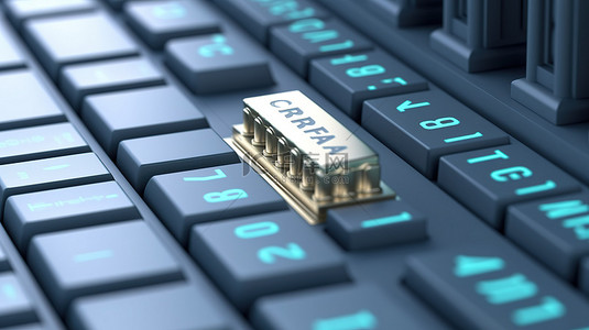 银行投资背景图片_电脑键盘上银行标志极端特写的 3D 渲染，背景是高耸的银行大楼