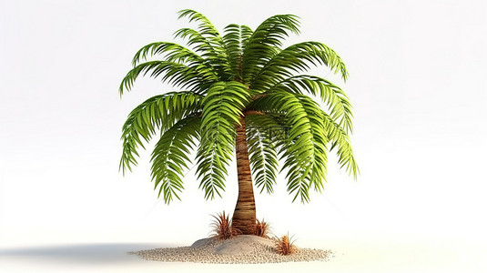 郁郁葱葱的棕榈树的 3D 渲染，叶子青翠，树干坚固，非常适合海滩度假和夏季度假