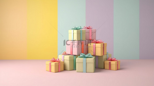 礼物盒礼盒背景图片_悬浮在柔和墙壁上的礼物盒的 3D 渲染是一个极简主义概念